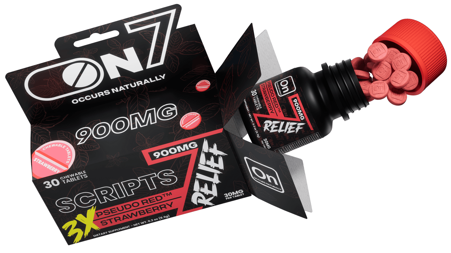 ON7 | Scripts Relief 900MG Tablets – Pseudo Red Strawberry | 30 count by ON7 – 7 - OH Extract Tablets, | Available at Zenhop