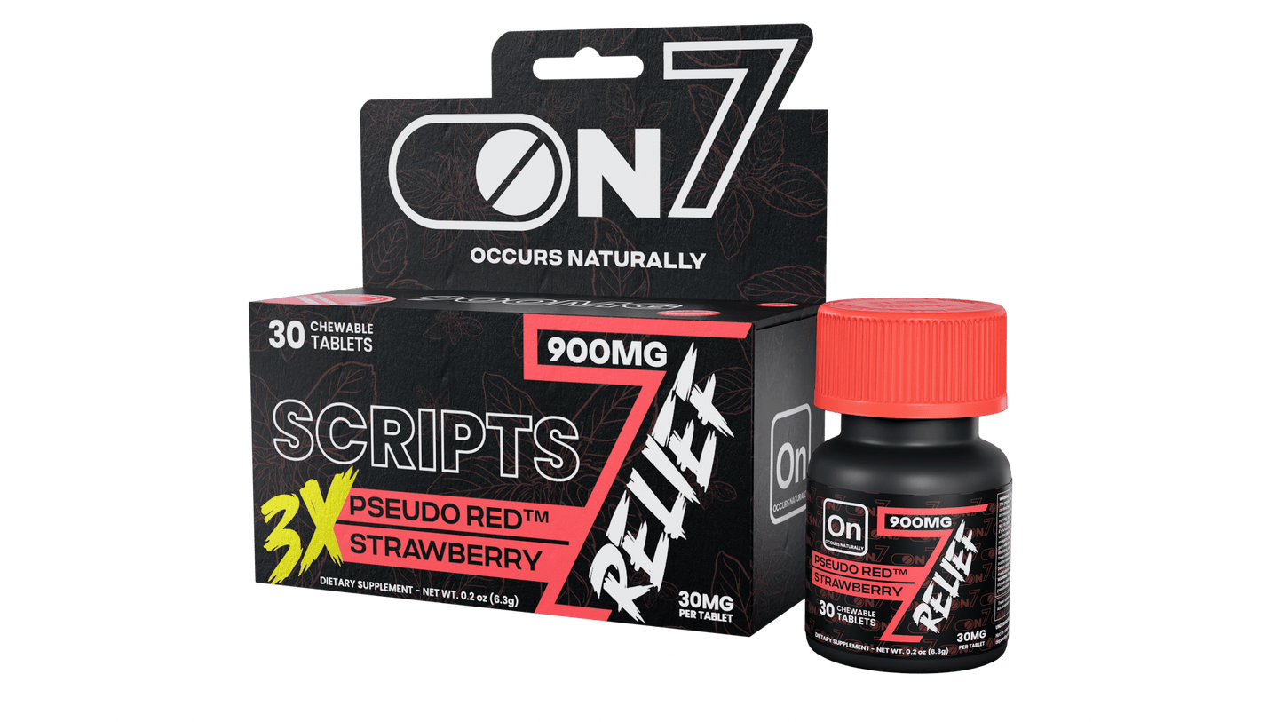 ON7 | Scripts Relief 900MG Tablets – Pseudo Red Strawberry | 30 count by ON7 – 7 - OH Extract Tablets, | Available at Zenhop