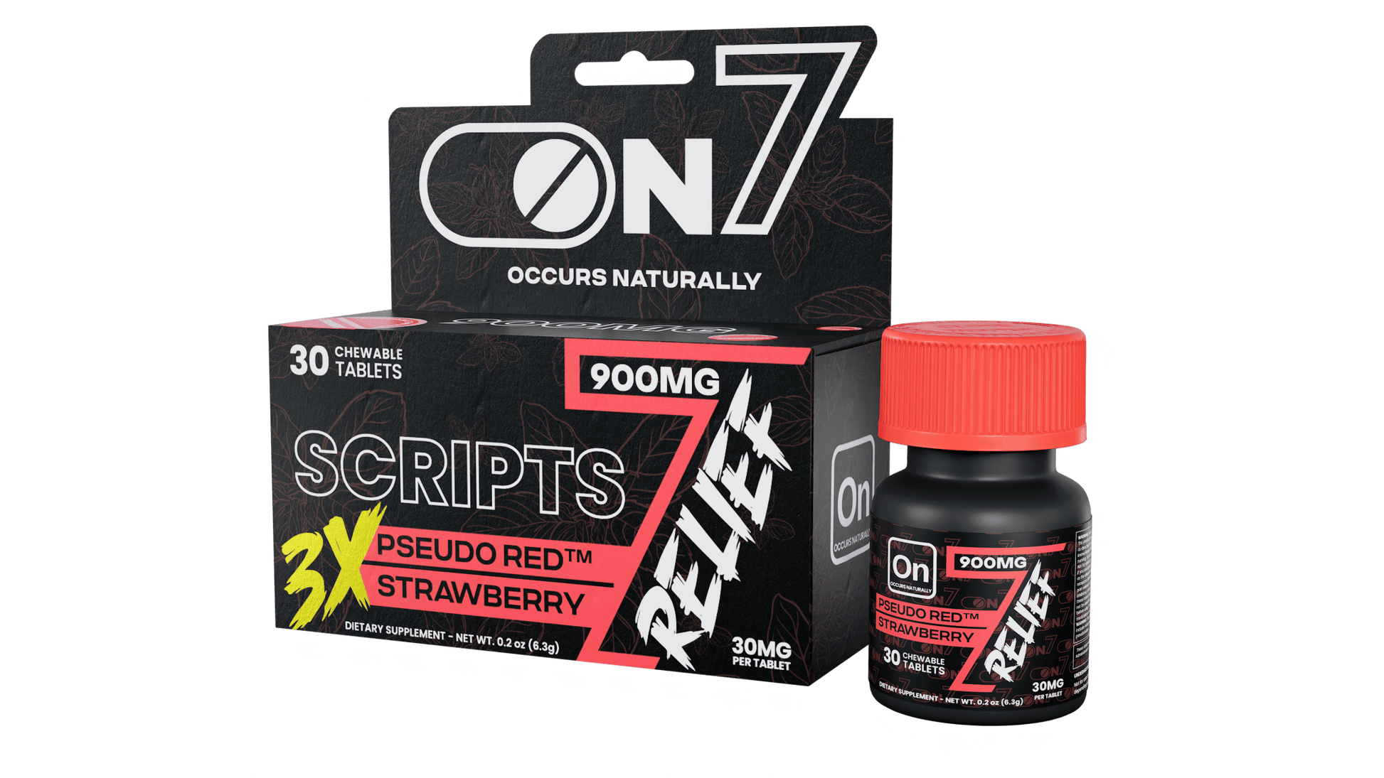 ON7 | Scripts Relief 900MG Tablets – Pseudo Red Strawberry | 30 count by ON7 – 7 - OH Extract Tablets, | Available at Zenhop