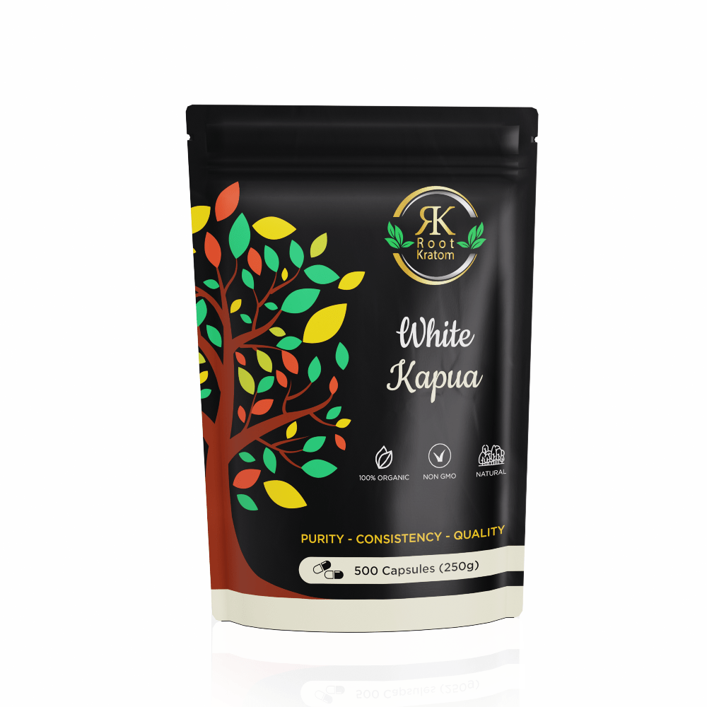 Root Kratom | White Kapua Capsules 500ct – uplifting energy and clean mental focus – available at Zenhop online