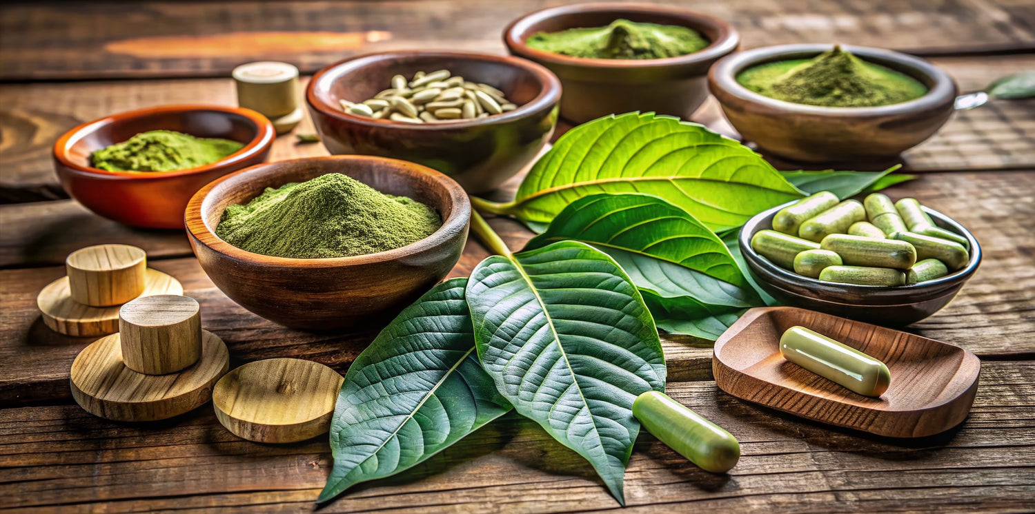 Kratom powder and capsules in wooden bowls with Mitragyna speciosa leaves on rustic table | Zenhop