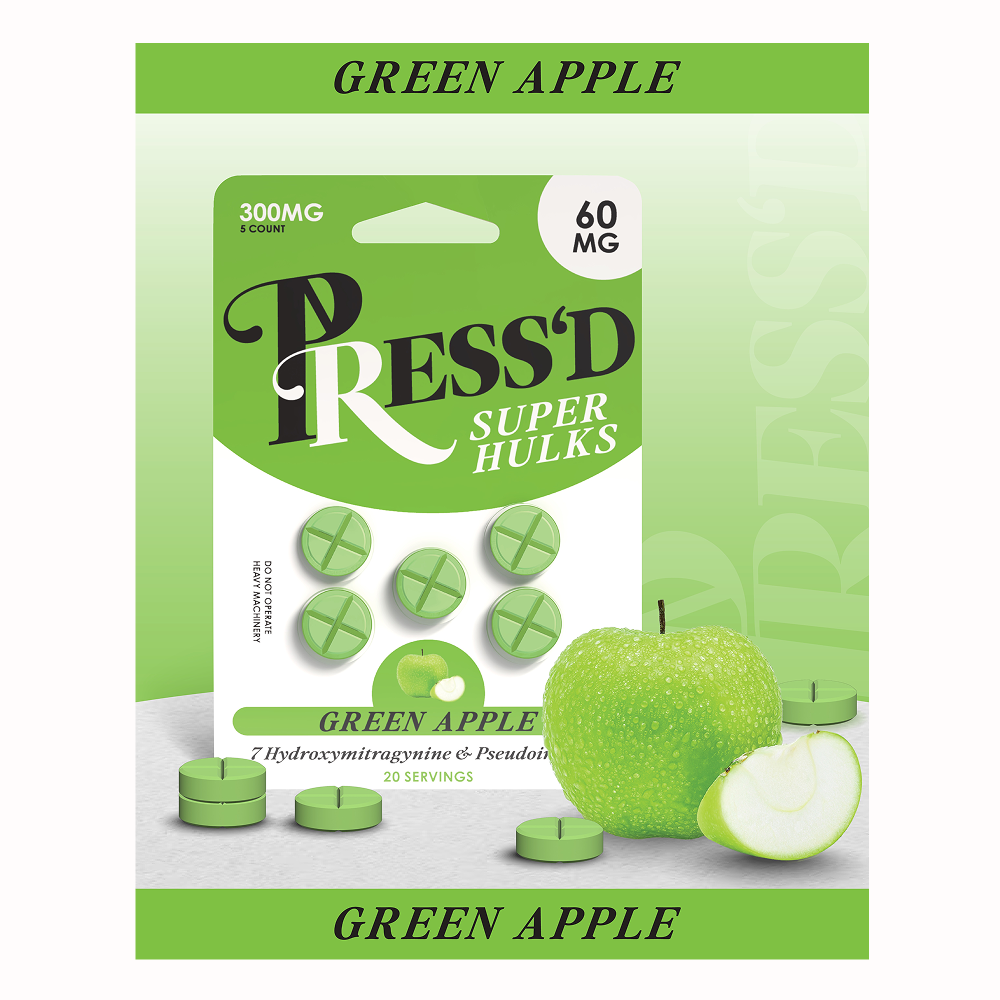 Press’d | Super Hulks Green Apple 7 - OH Extract chewable kratom tablets for clarity – order online on Zenhop.
