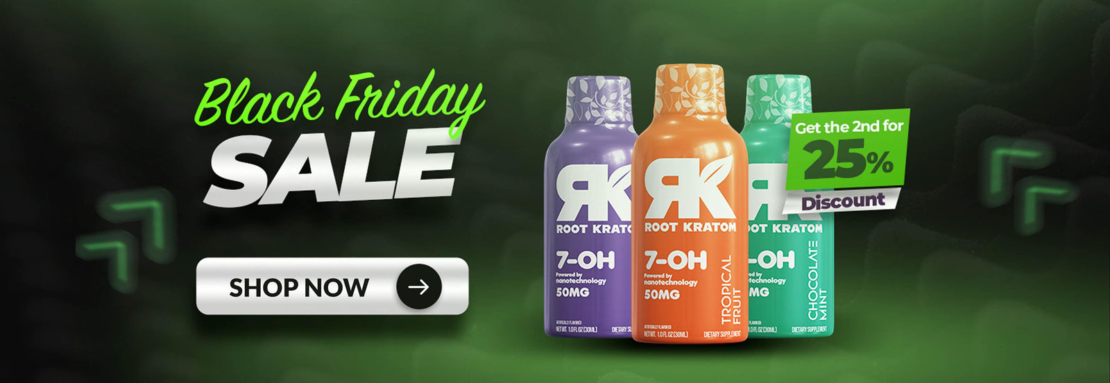 Zenhop Black Friday promotion with Root Kratom products displayed on a green background.