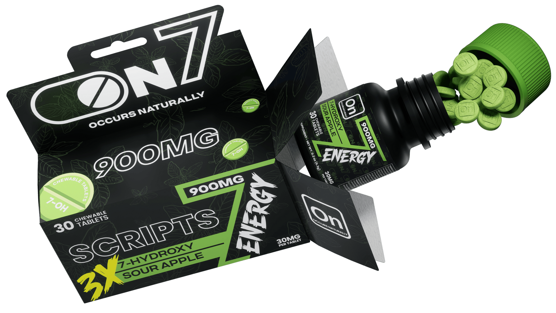 ON7 | Scripts Energy Tablets 900MG – Sour Apple | 30 Count by ON7 – 7 - OH Extract Tablets, | Available at Zenhop