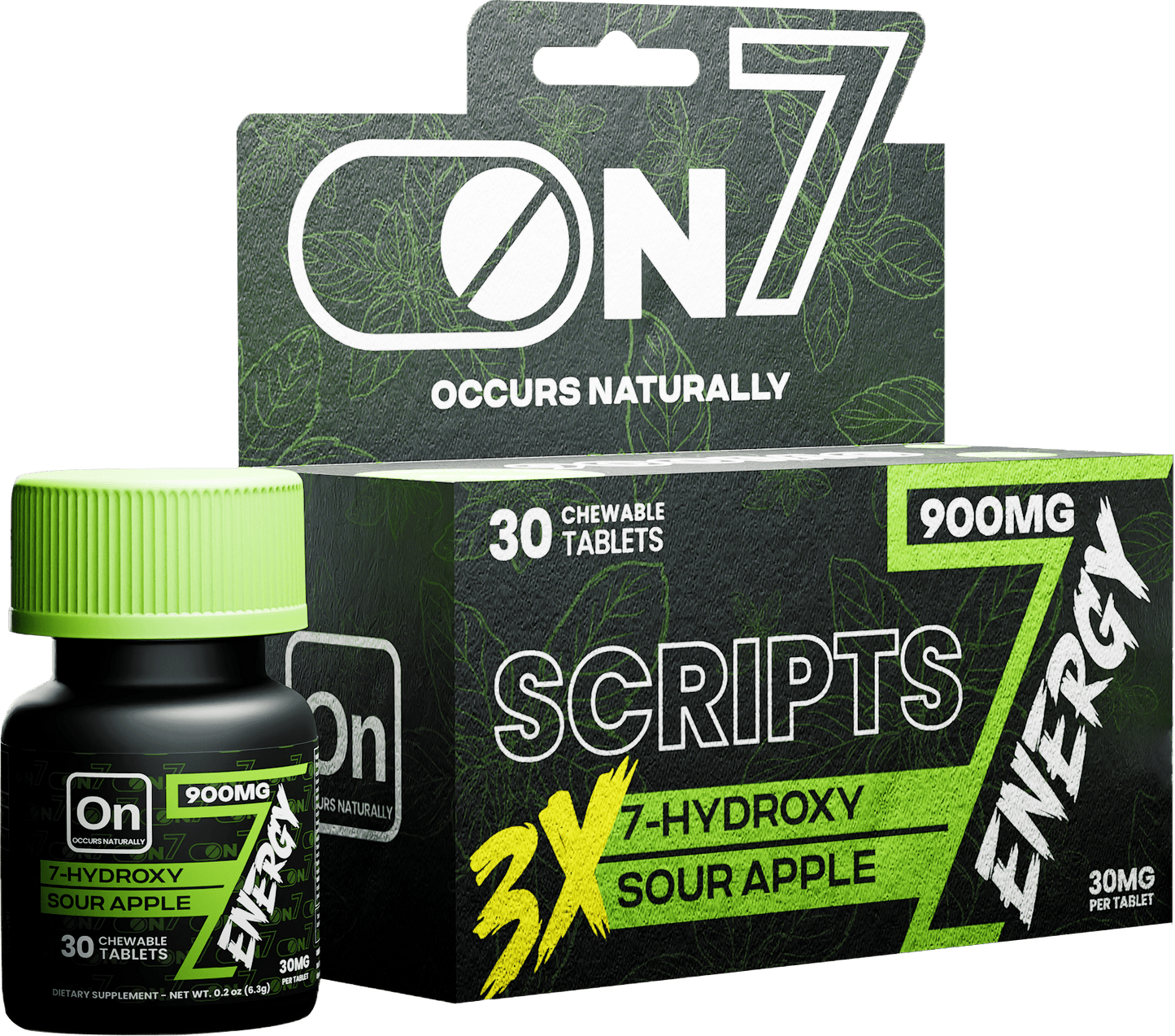 ON7 | Scripts Energy Tablets 900MG – Sour Apple | 30 Count by ON7 – 7 - OH Extract Tablets, | Available at Zenhop