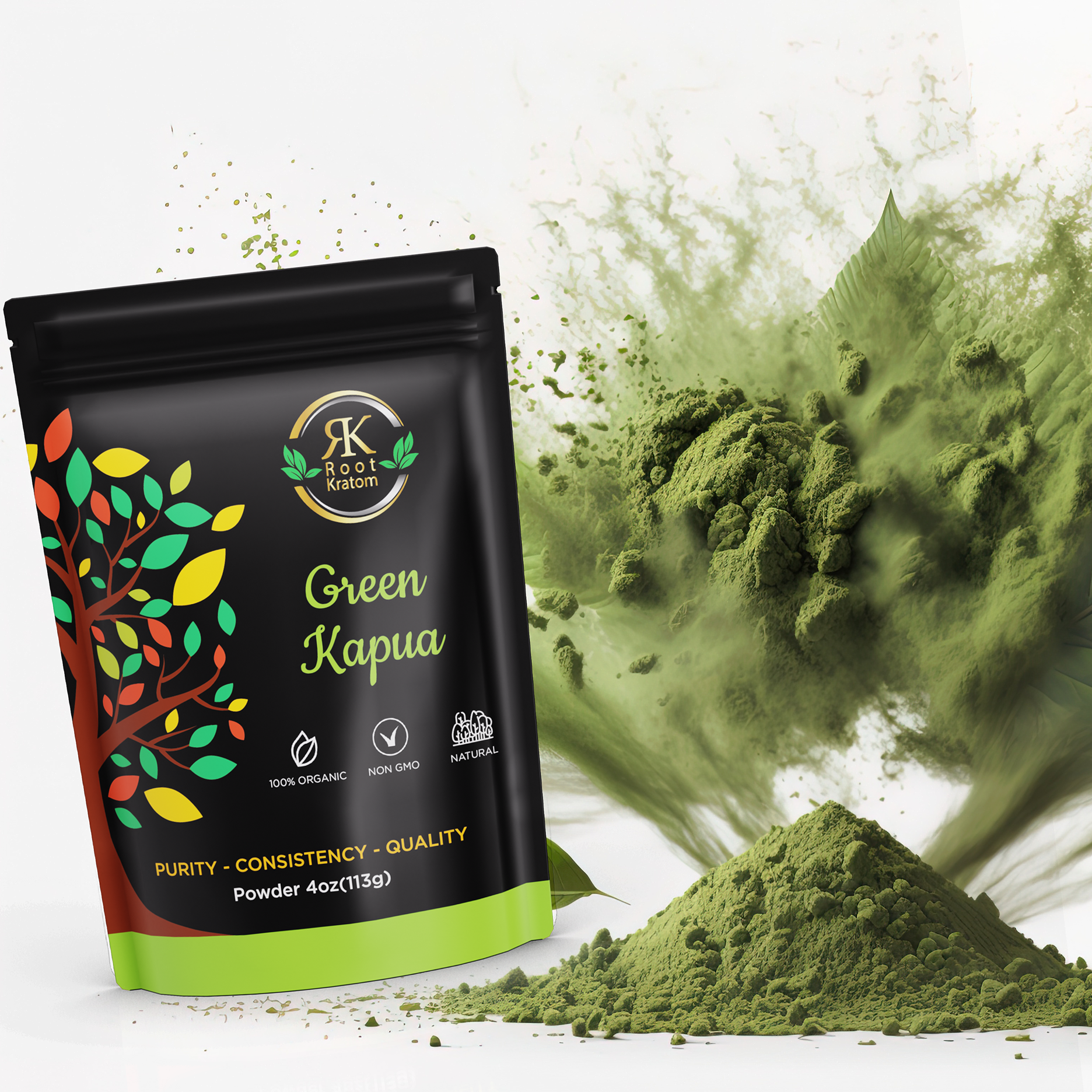 Root Kratom | Green Kapua Powder – 4oz balanced kratom for smooth daily energy and well-being – order online at Zenhop.